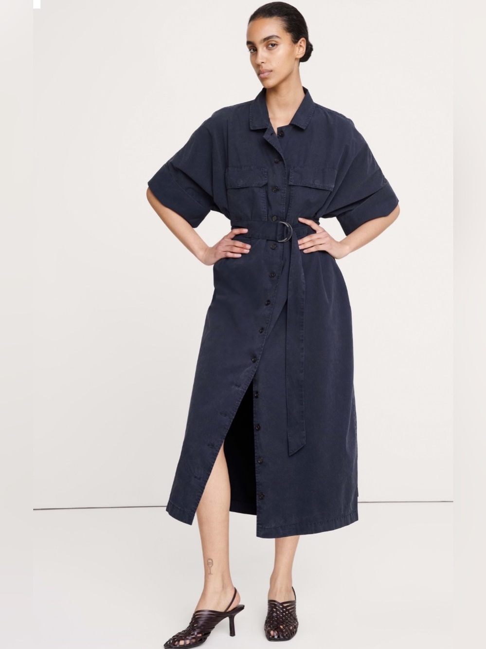 Belted Navy Maxi Shirt Dress - Women's